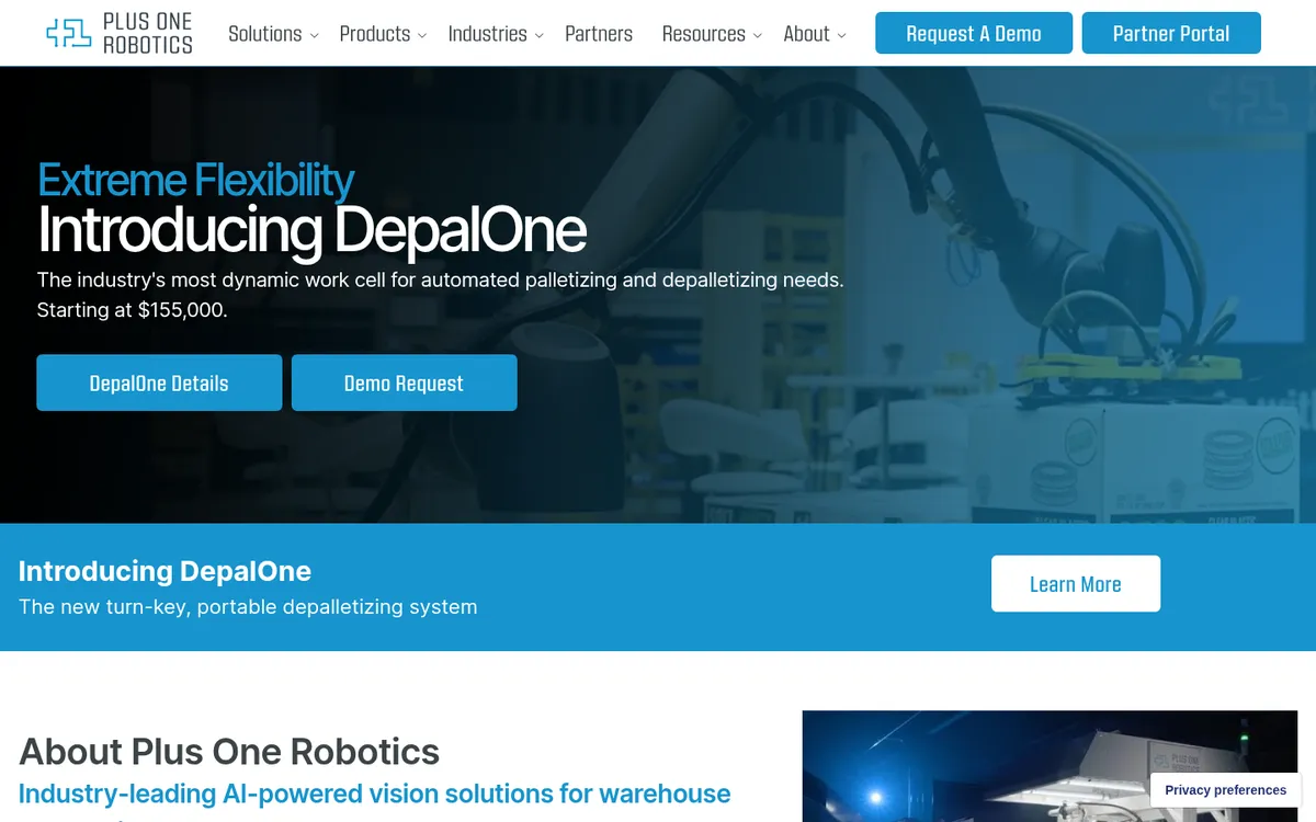 Plus One Robotics homepage, captured October 31, 2026